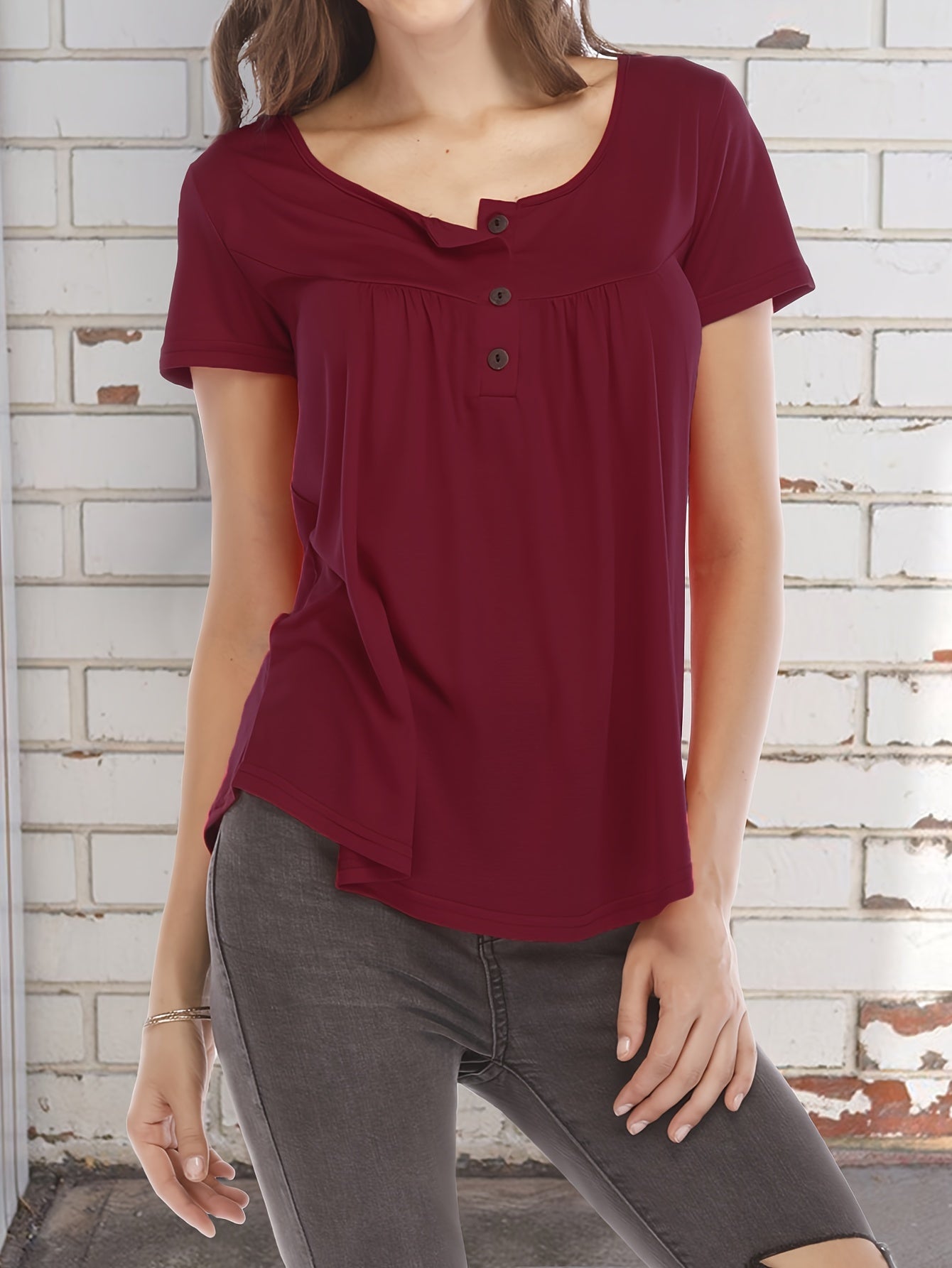 Basic Loose Solid T-Shirt, Casual Short Sleeve V-Neck T-Shirt, Casual Every Day Top, Women's Clothing