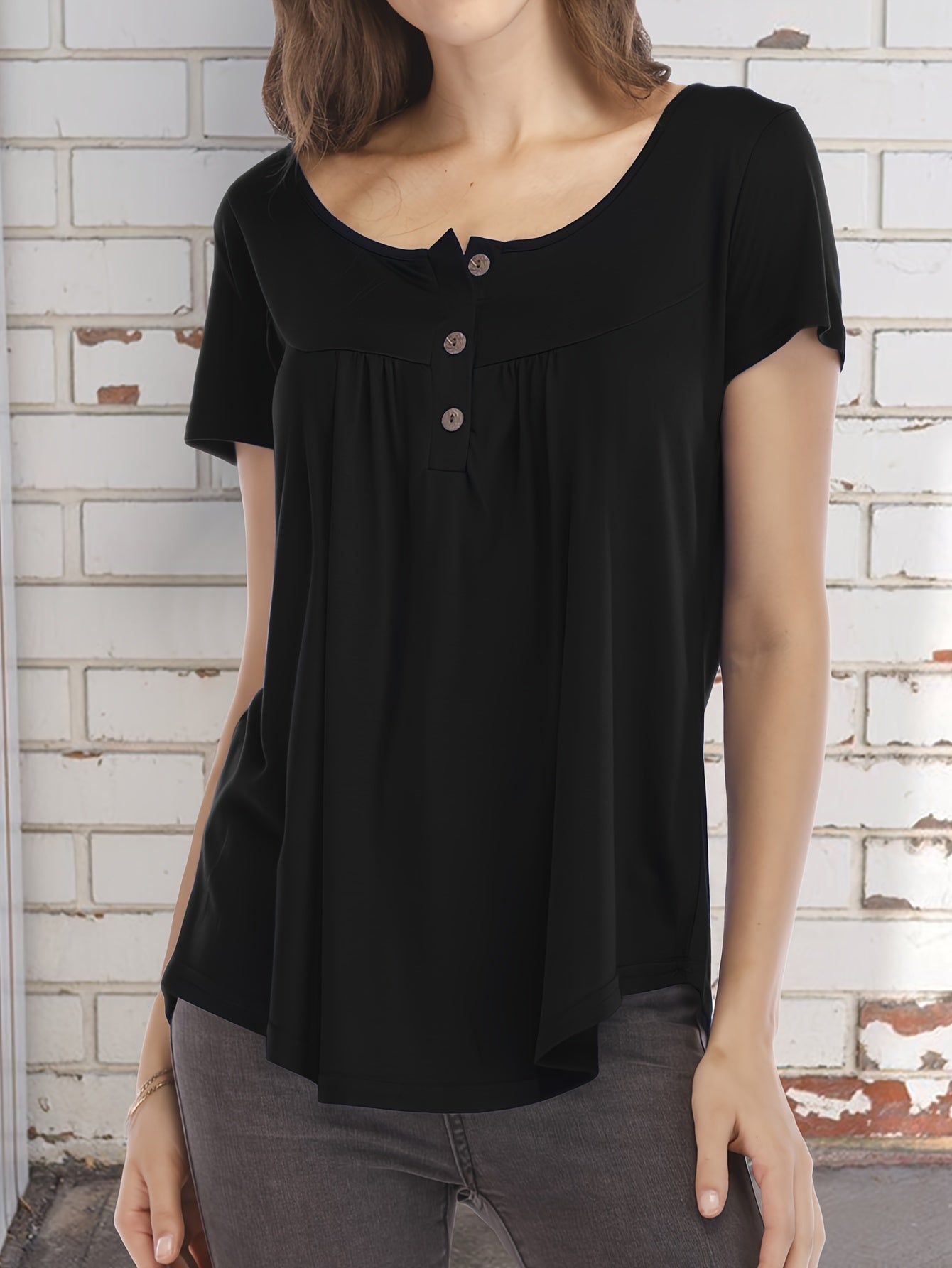 Basic Loose Solid T-Shirt, Casual Short Sleeve V-Neck T-Shirt, Casual Every Day Top, Women's Clothing