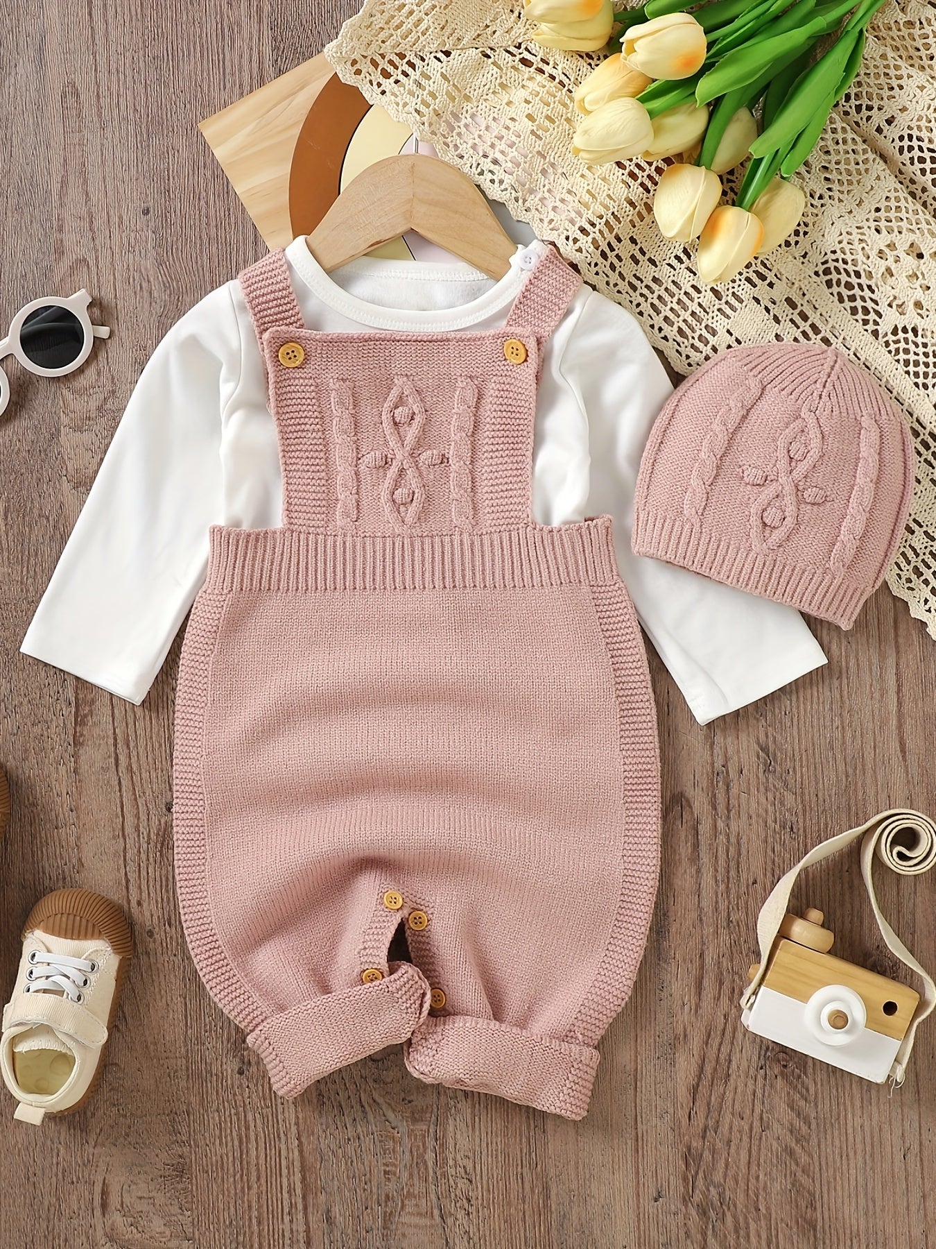 Baby's Solid Color Knit Jumpsuit For All Seasons Outdoor Wear, Not Included T-shirt