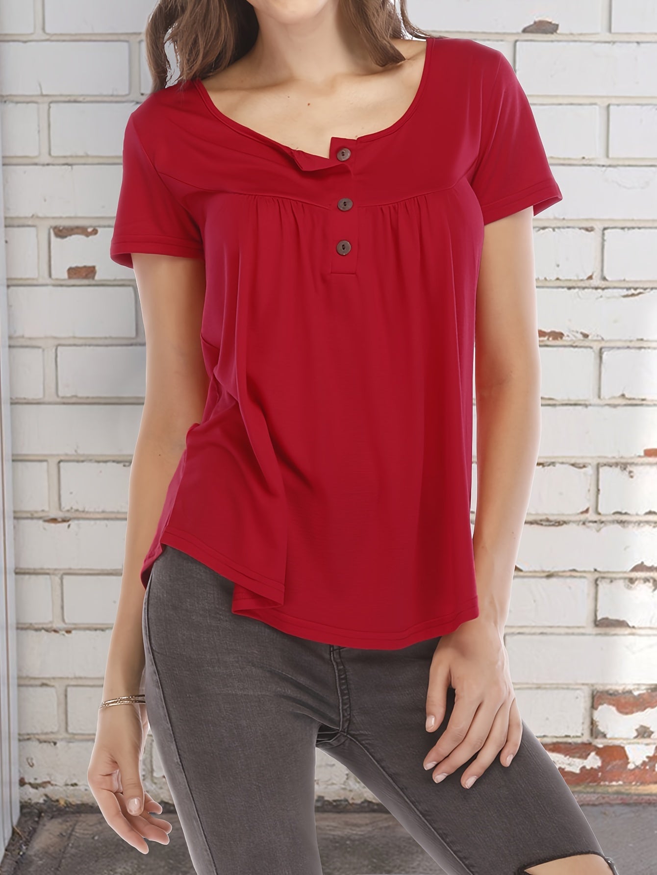 Basic Loose Solid T-Shirt, Casual Short Sleeve V-Neck T-Shirt, Casual Every Day Top, Women's Clothing