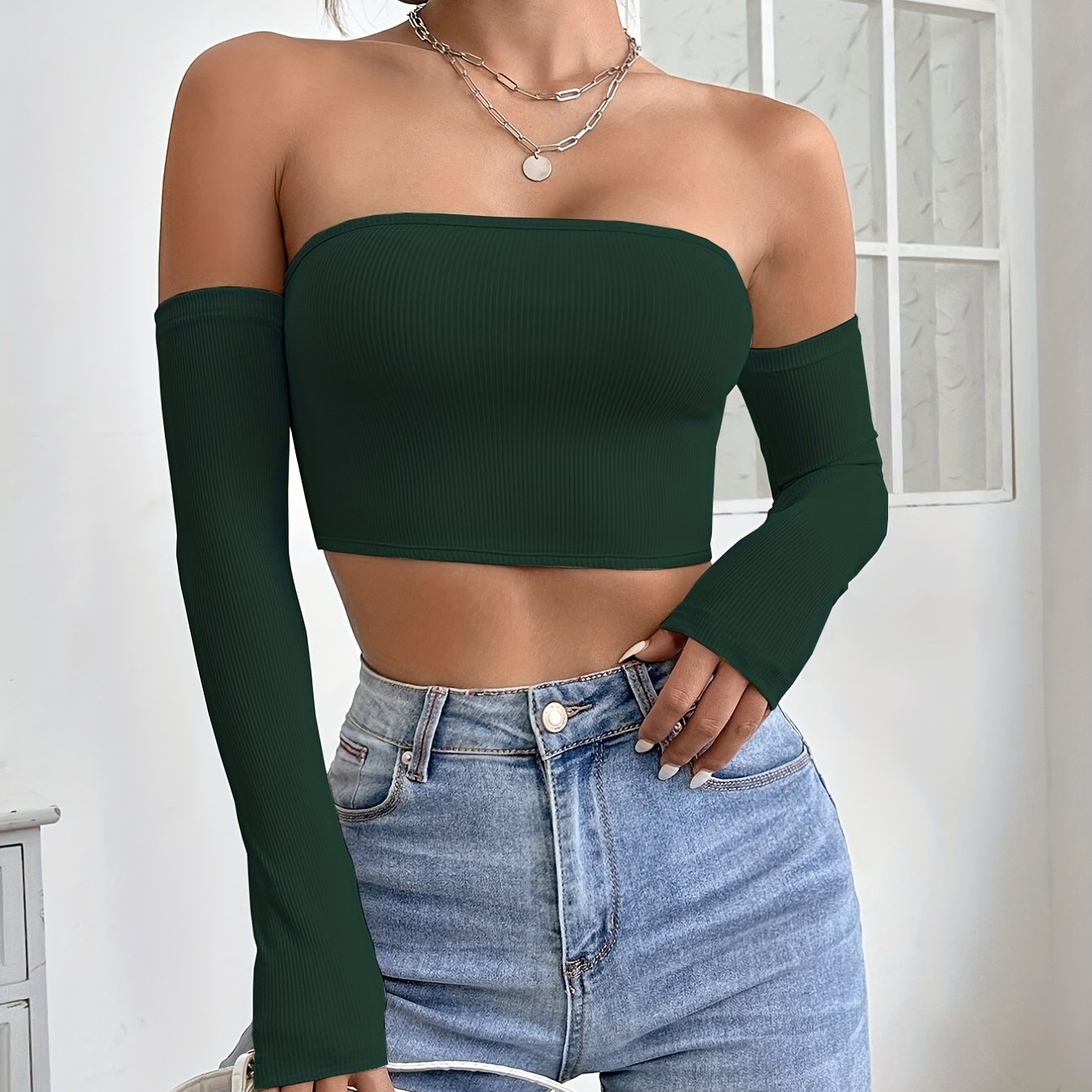 Sexy Women's Off Shoulder Long Sleeve Crop Top, Bodycon Fit Solid T-shirt, Y2K Style