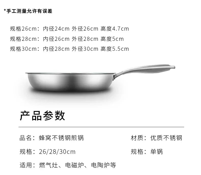 Stainless Steel Frying Pan Honeycomb Non Stick Wok Steak Skillet Cookware Kitchen Supplies Induction Cooker Gas Stove Universal
