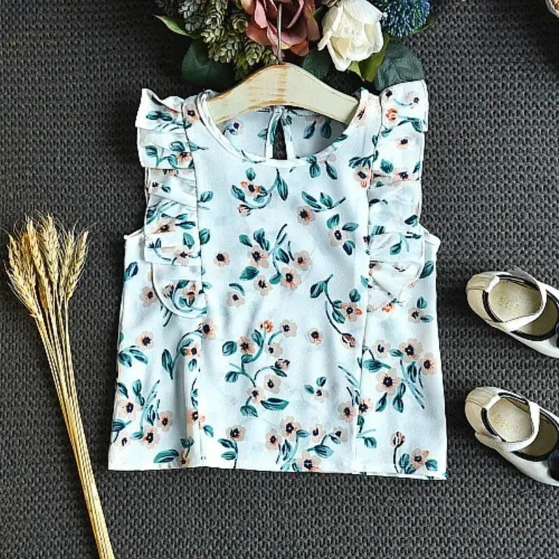 Kids Clothes Girls Set Sleeveless T-shirt+Shorts 2PCS/Sets Baby Girls Clothes Chiffon Shirt Flower Print Children Girls Clothes