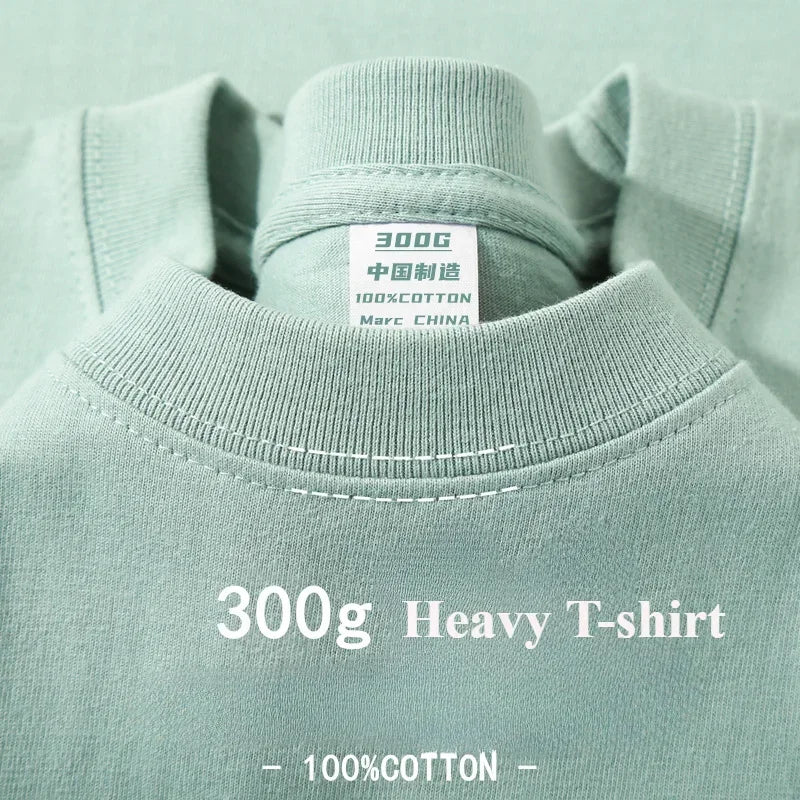 Summer Light Green Heavy Weight 300G Short Sleeved T-shirt Cotton Men's Loose Casual Base Shirt Korean Tee Women's