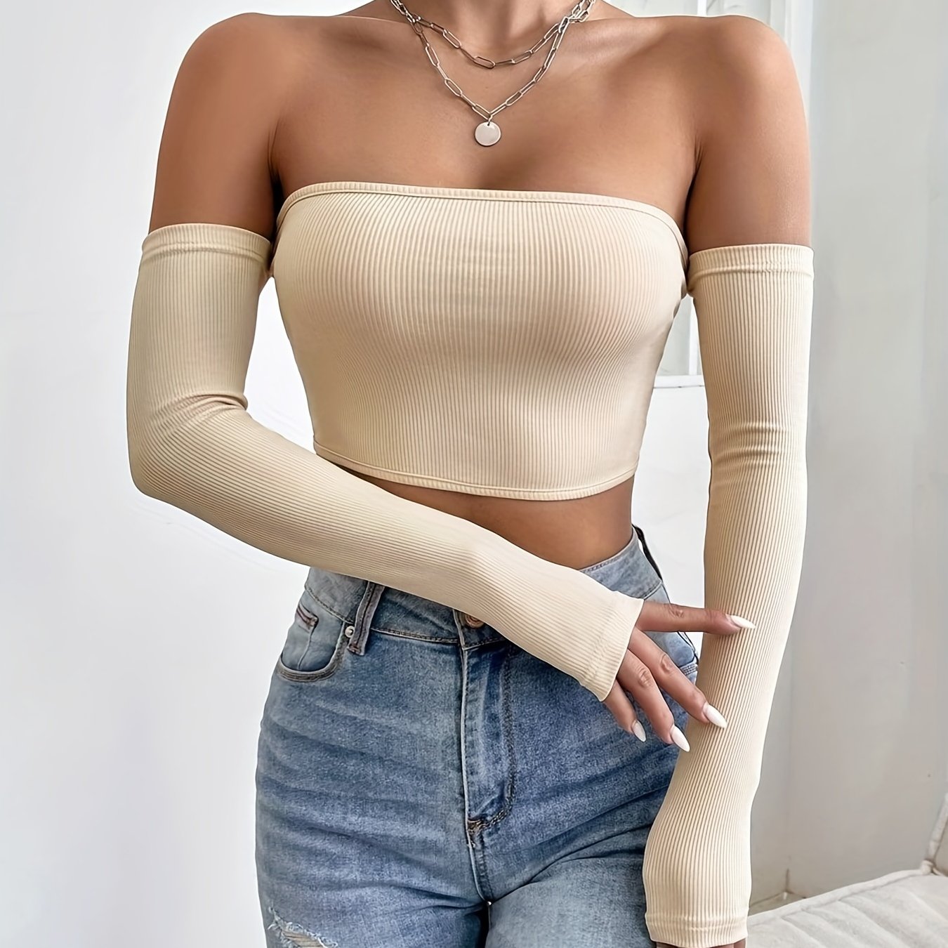 Sexy Women's Off Shoulder Long Sleeve Crop Top, Bodycon Fit Solid T-shirt, Y2K Style