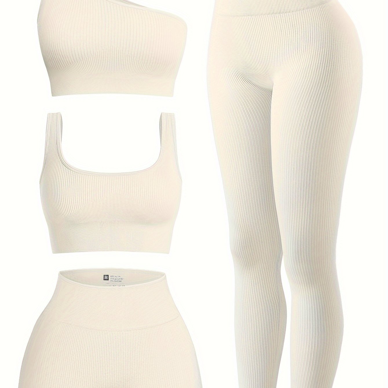 OQQ Women's 4pcs Ribbed Exercise Scoop Neck Sports One Shoulder High Waist Legging Active Set Bra Shorts Outfit, Beige, Large