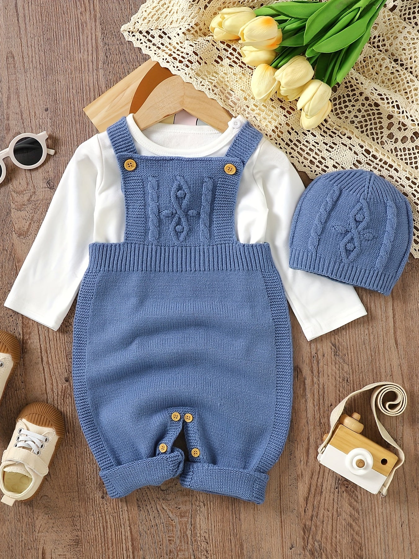 Baby's Solid Color Knit Jumpsuit For All Seasons Outdoor Wear, Not Included T-shirt