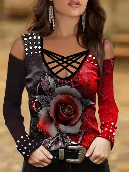 Vibrant Floral Print V-Neck Long Sleeve T-Shirt for Women - Soft Mid-Elasticity Polyester Fabric, Cross Strap Detail, Casual Everyday Wear for Spring and Fall - Regular Length, Knit Fabric, Positioning Printing, No Sheer