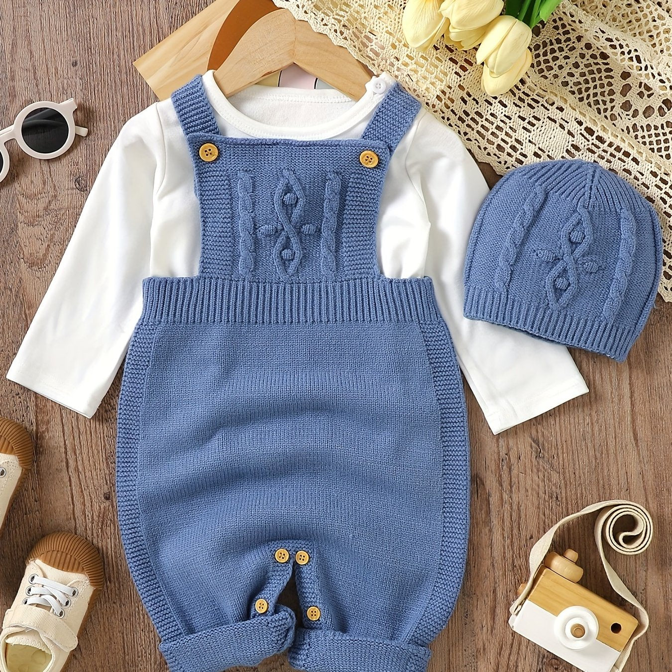 Baby's Solid Color Knit Jumpsuit For All Seasons Outdoor Wear, Not Included T-shirt