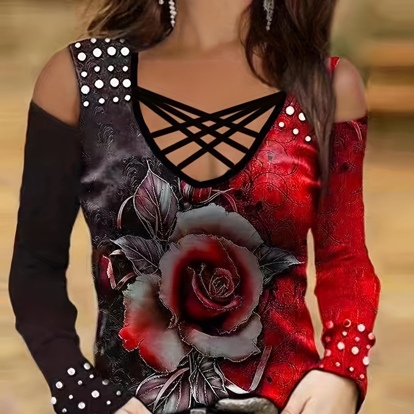 Vibrant Floral Print V-Neck Long Sleeve T-Shirt for Women - Soft Mid-Elasticity Polyester Fabric, Cross Strap Detail, Casual Everyday Wear for Spring and Fall - Regular Length, Knit Fabric, Positioning Printing, No Sheer