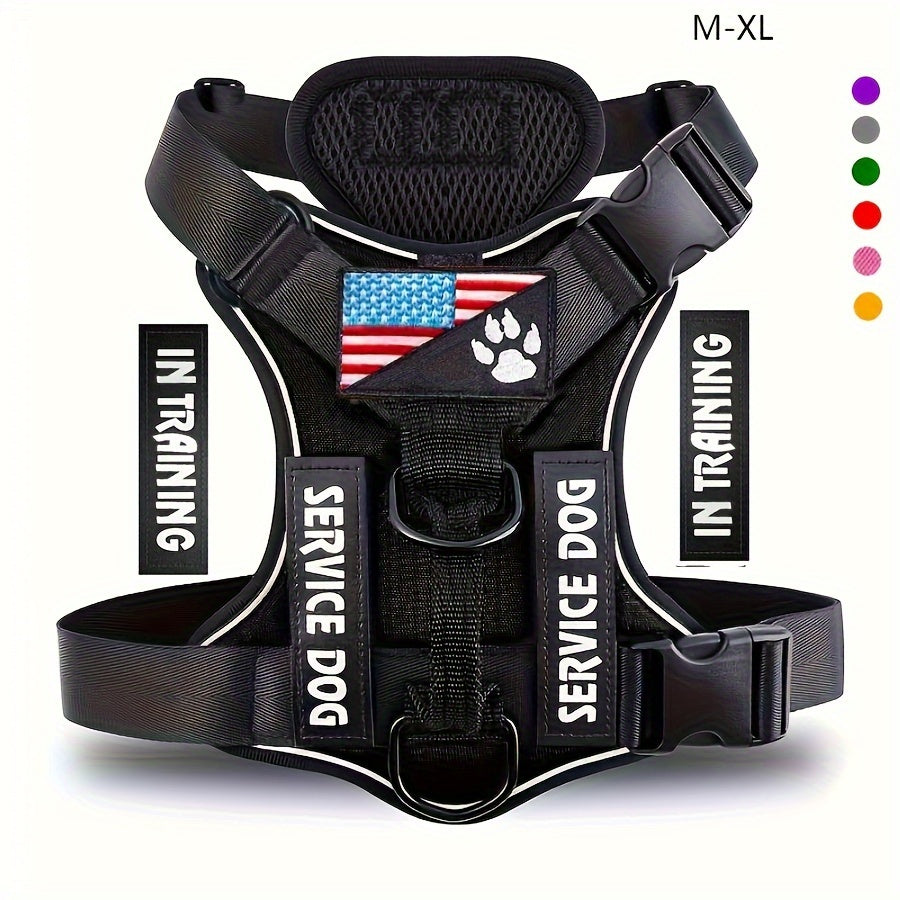 Service Dog Harness, Reflective Dog Vest Harness with 5pcs Patches, Adjustable Soft Oxford Pet Harness, Inner Layer Mesh, Easy to Control for Small Medium Large Dogs Random Buckle