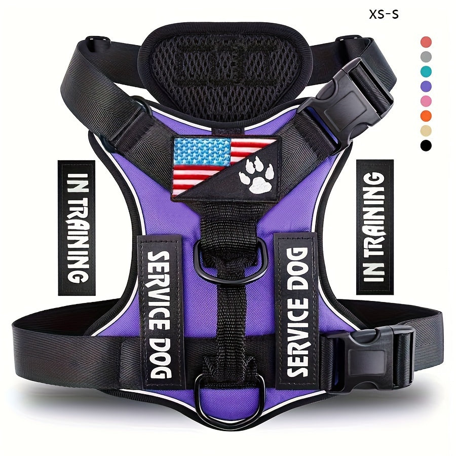 Service Dog Harness, Reflective Dog Vest Harness with 5pcs Patches, Adjustable Soft Oxford Pet Harness, Inner Layer Mesh, Easy to Control for Small Medium Large Dogs Random Buckle