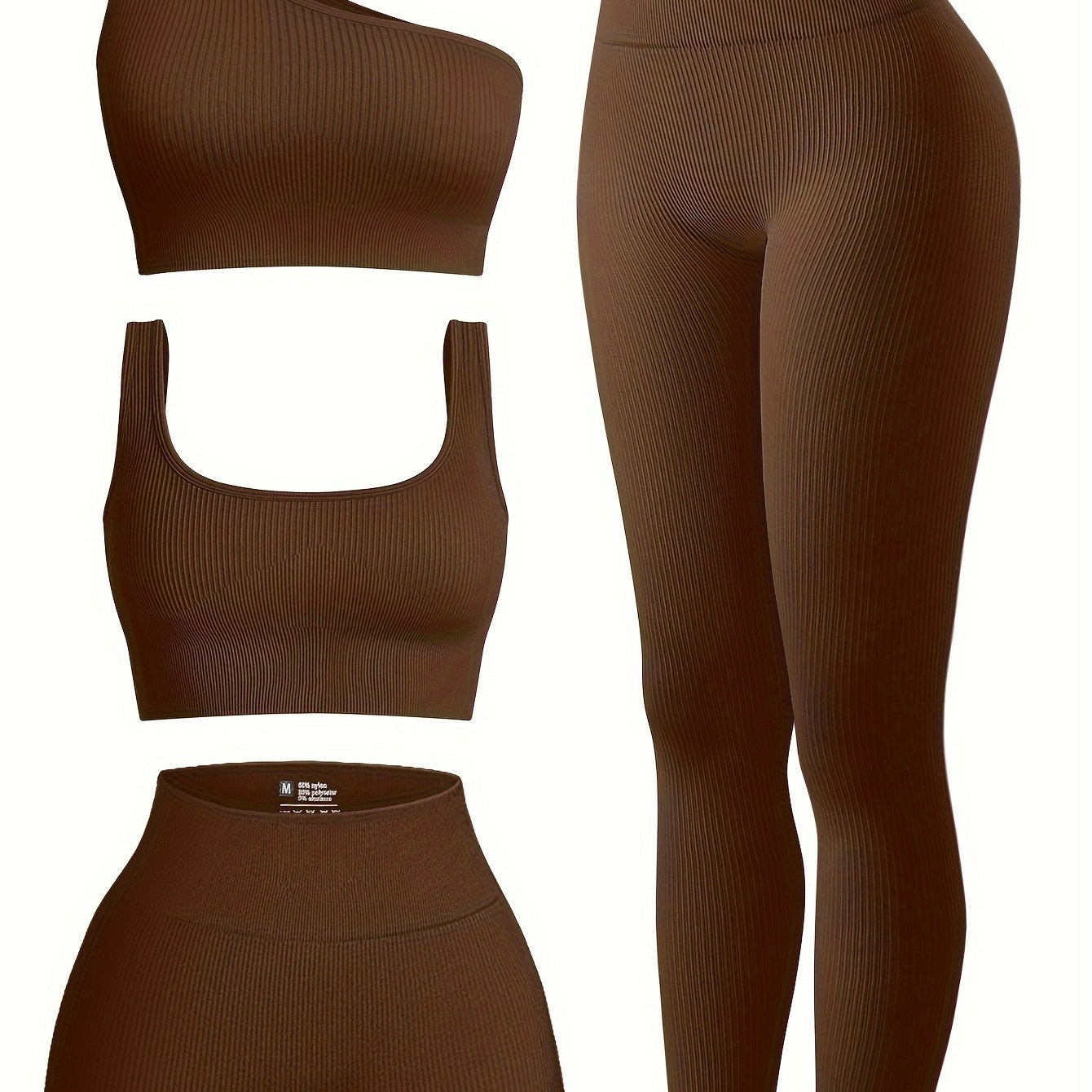 OQQ Women's 4pcs Ribbed Exercise Scoop Neck Sports One Shoulder High Waist Legging Active Set Bra Shorts Outfit, Beige, Large