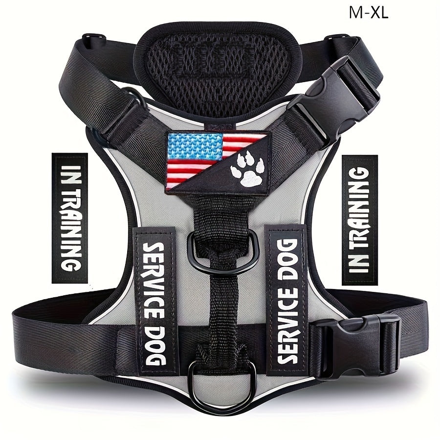 Service Dog Harness, Reflective Dog Vest Harness with 5pcs Patches, Adjustable Soft Oxford Pet Harness, Inner Layer Mesh, Easy to Control for Small Medium Large Dogs Random Buckle