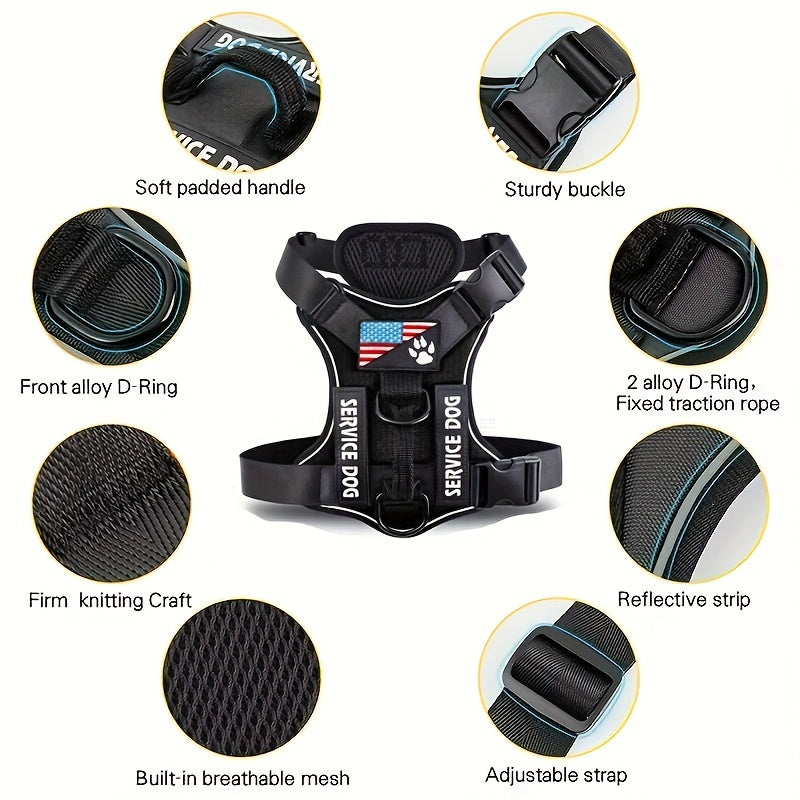 Service Dog Harness, Reflective Dog Vest Harness with 5pcs Patches, Adjustable Soft Oxford Pet Harness, Inner Layer Mesh, Easy to Control for Small Medium Large Dogs Random Buckle