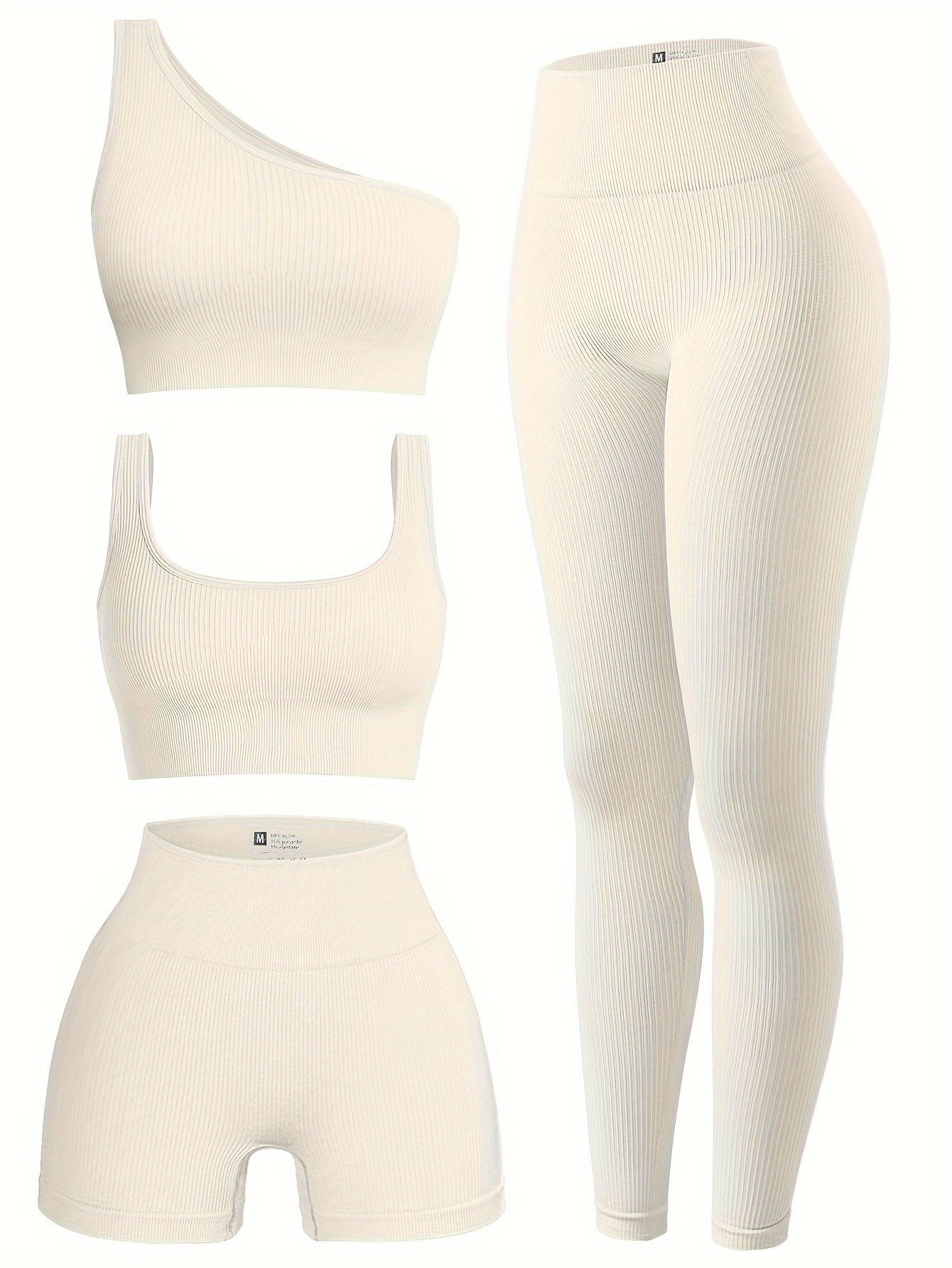 OQQ Women's 4pcs Ribbed Exercise Scoop Neck Sports One Shoulder High Waist Legging Active Set Bra Shorts Outfit, Beige, Large