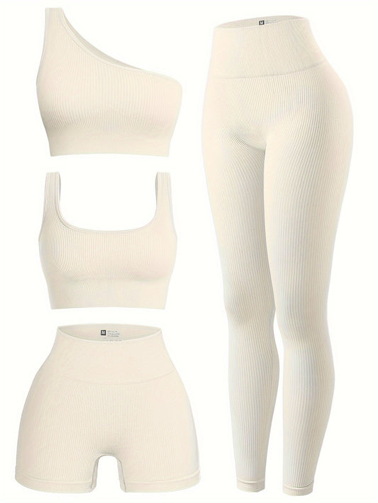 OQQ Women's 4pcs Ribbed Exercise Scoop Neck Sports One Shoulder High Waist Legging Active Set Bra Shorts Outfit, Beige, Large