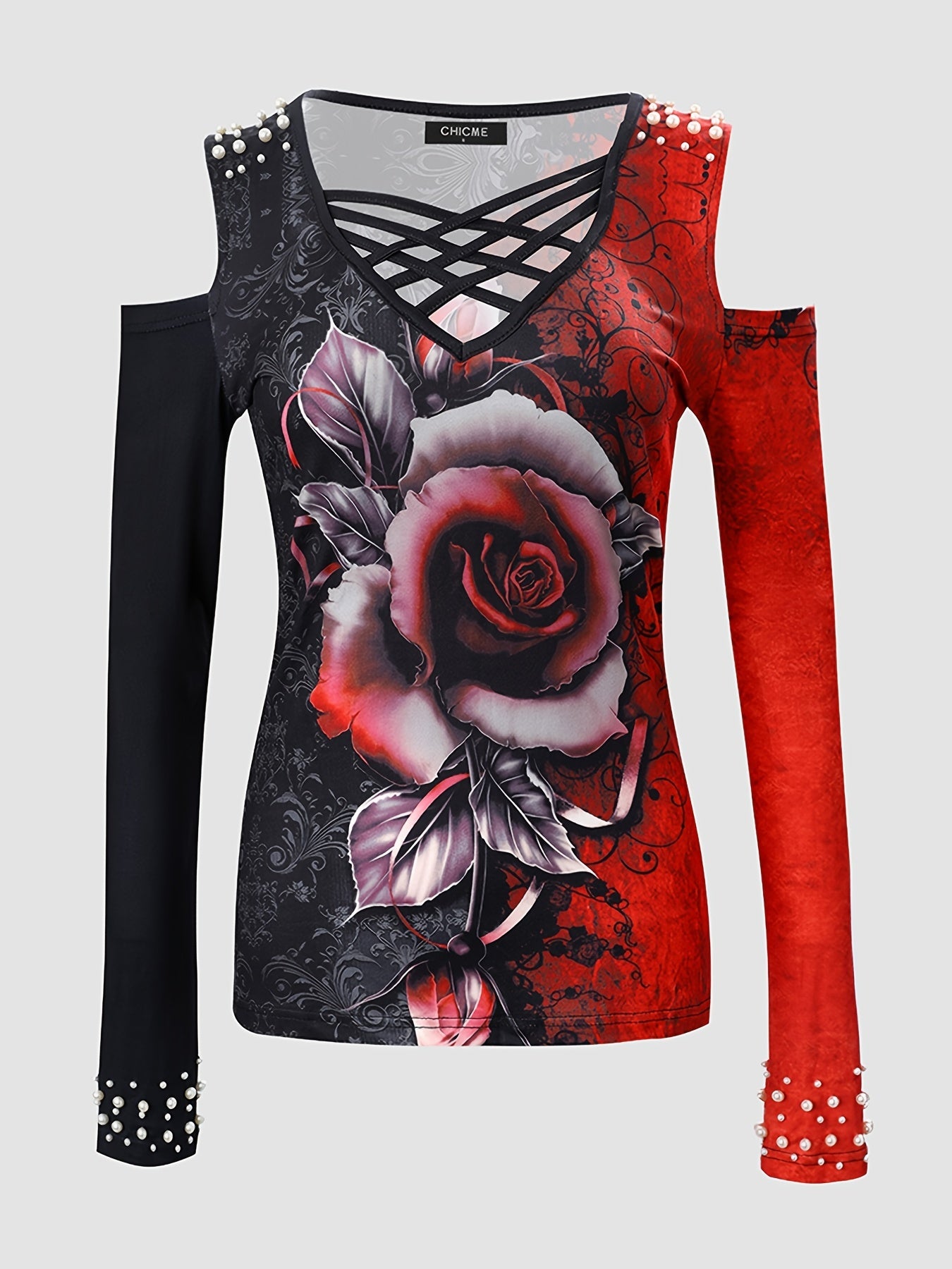 Vibrant Floral Print V-Neck Long Sleeve T-Shirt for Women - Soft Mid-Elasticity Polyester Fabric, Cross Strap Detail, Casual Everyday Wear for Spring and Fall - Regular Length, Knit Fabric, Positioning Printing, No Sheer