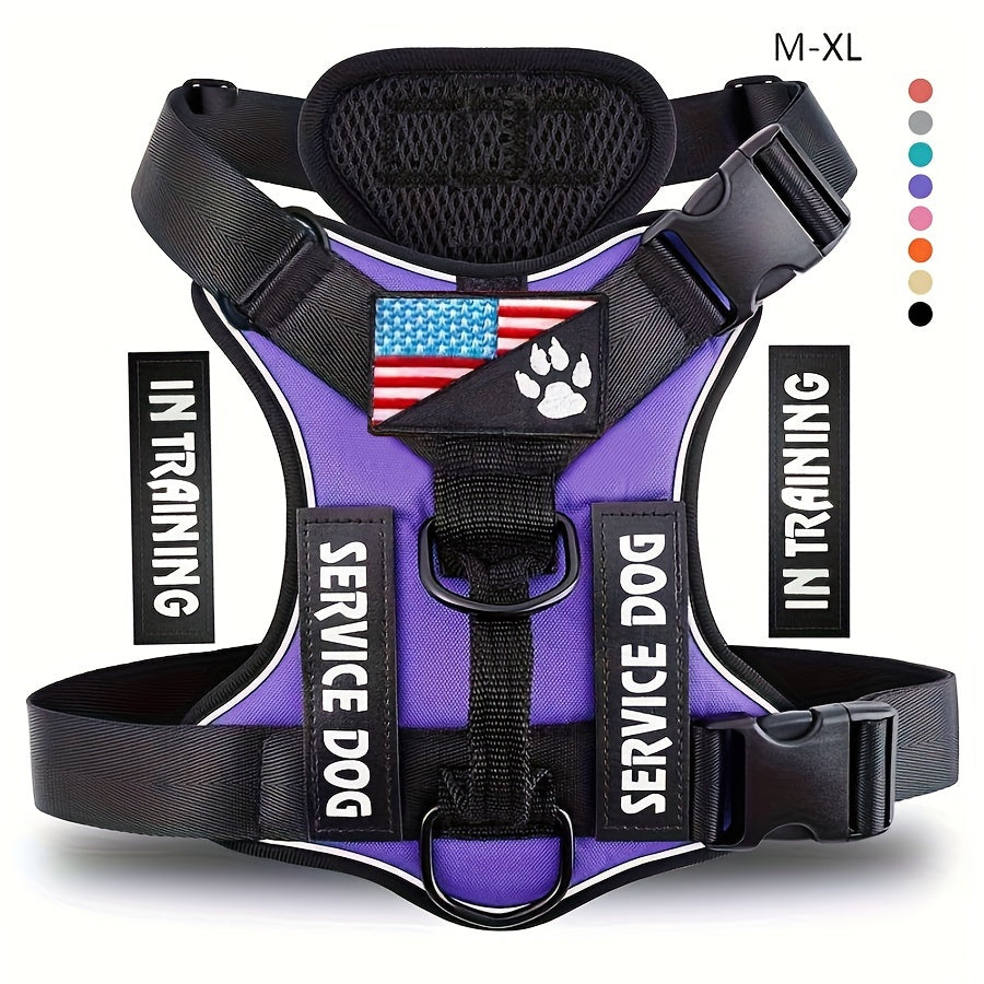 Service Dog Harness, Reflective Dog Vest Harness with 5pcs Patches, Adjustable Soft Oxford Pet Harness, Inner Layer Mesh, Easy to Control for Small Medium Large Dogs Random Buckle