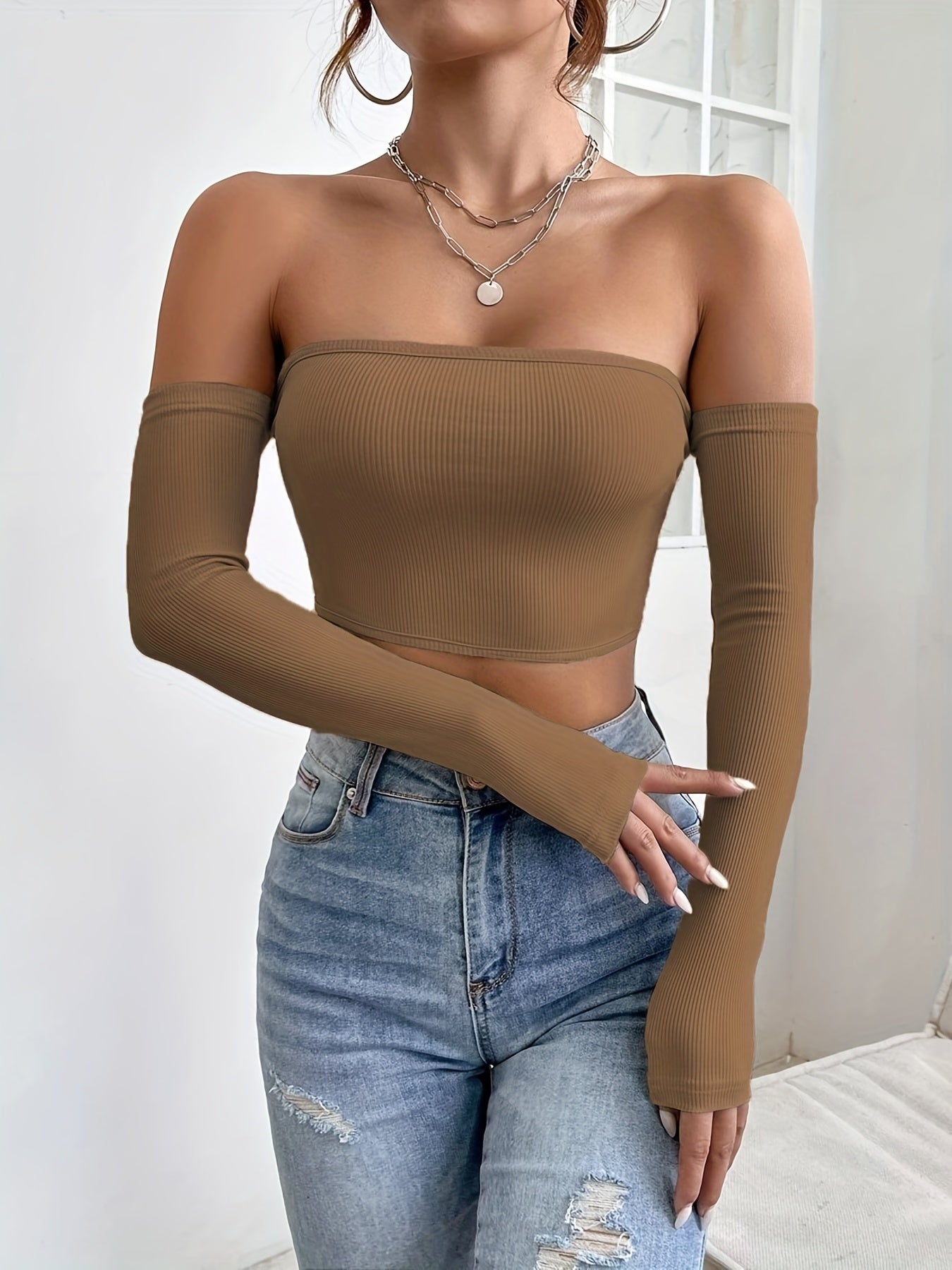 Sexy Women's Off Shoulder Long Sleeve Crop Top, Bodycon Fit Solid T-shirt, Y2K Style