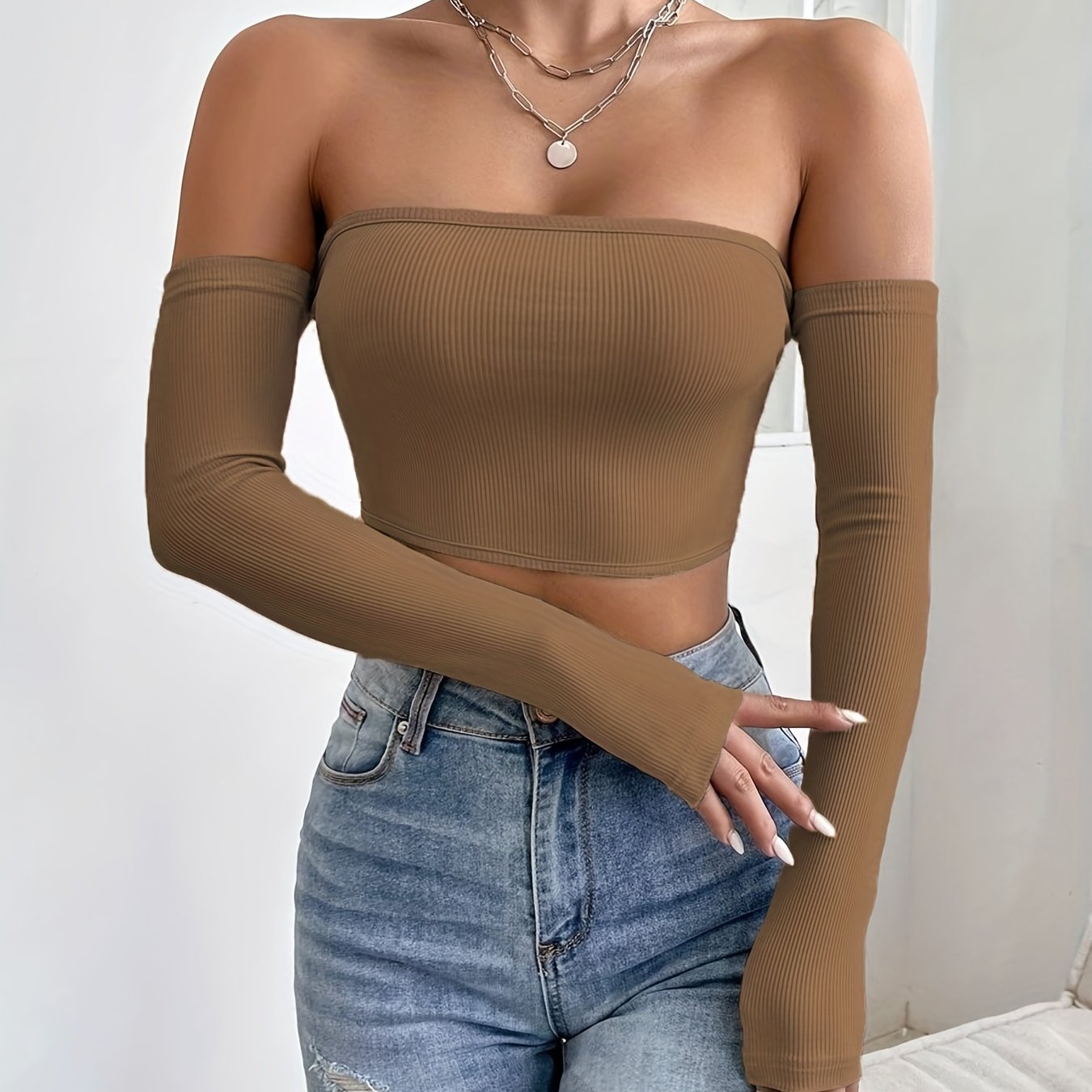 Sexy Women's Off Shoulder Long Sleeve Crop Top, Bodycon Fit Solid T-shirt, Y2K Style