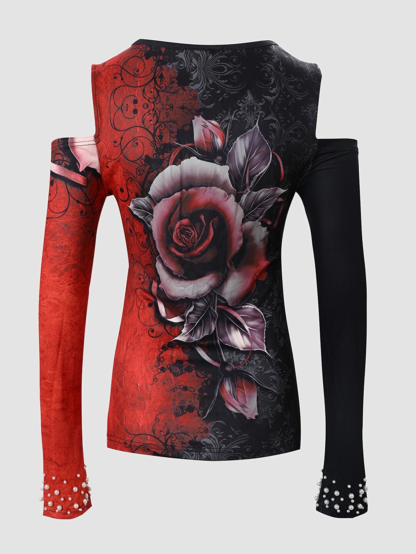 Vibrant Floral Print V-Neck Long Sleeve T-Shirt for Women - Soft Mid-Elasticity Polyester Fabric, Cross Strap Detail, Casual Everyday Wear for Spring and Fall - Regular Length, Knit Fabric, Positioning Printing, No Sheer
