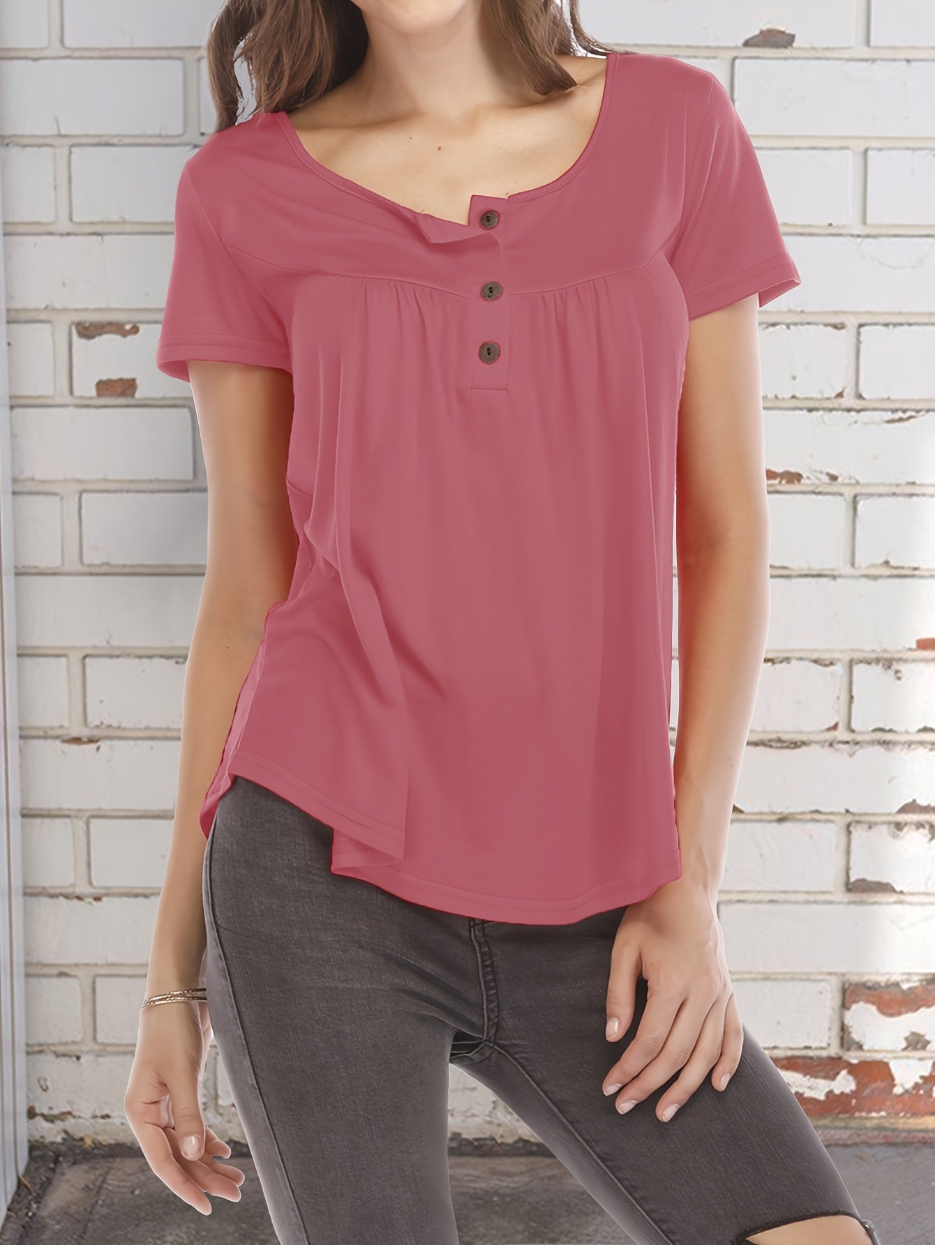 Basic Loose Solid T-Shirt, Casual Short Sleeve V-Neck T-Shirt, Casual Every Day Top, Women's Clothing