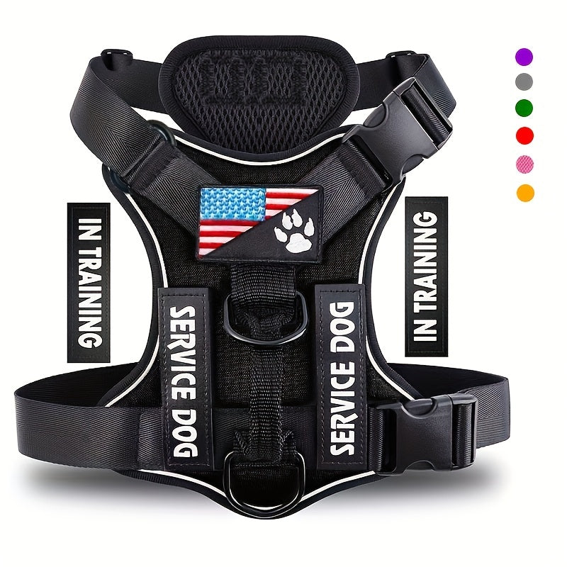 Service Dog Harness, Reflective Dog Vest Harness with 5pcs Patches, Adjustable Soft Oxford Pet Harness, Inner Layer Mesh, Easy to Control for Small Medium Large Dogs Random Buckle