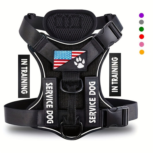 Service Dog Harness, Reflective Dog Vest Harness with 5pcs Patches, Adjustable Soft Oxford Pet Harness, Inner Layer Mesh, Easy to Control for Small Medium Large Dogs Random Buckle