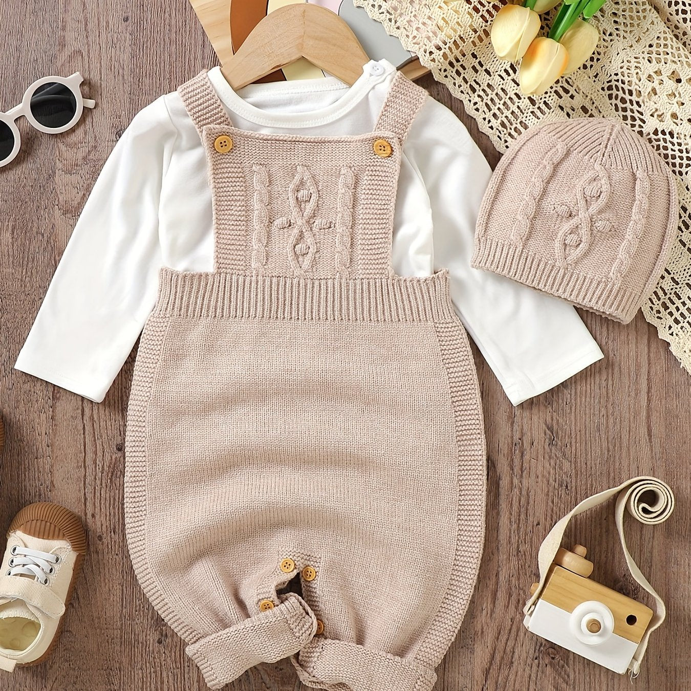 Baby's Solid Color Knit Jumpsuit For All Seasons Outdoor Wear, Not Included T-shirt