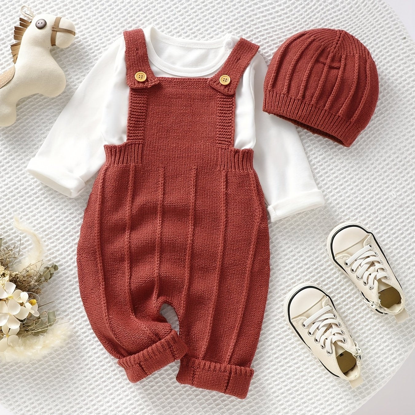 Baby's Solid Color Knit Jumpsuit For All Seasons Outdoor Wear, Not Included T-shirt