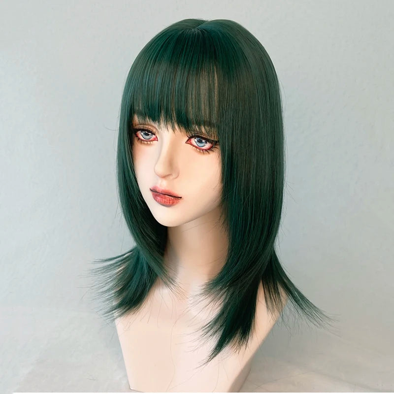 MSIWIGS Synthetic Celebrity Dark Green Cosplay Wig Short Straight Summer Cool Handsome European and American Women Headgear