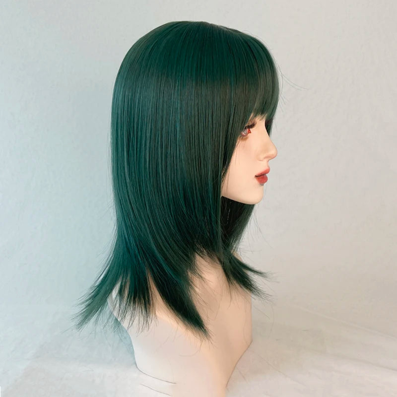 MSIWIGS Synthetic Celebrity Dark Green Cosplay Wig Short Straight Summer Cool Handsome European and American Women Headgear