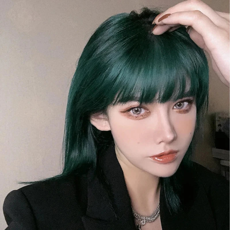MSIWIGS Synthetic Celebrity Dark Green Cosplay Wig Short Straight Summer Cool Handsome European and American Women Headgear