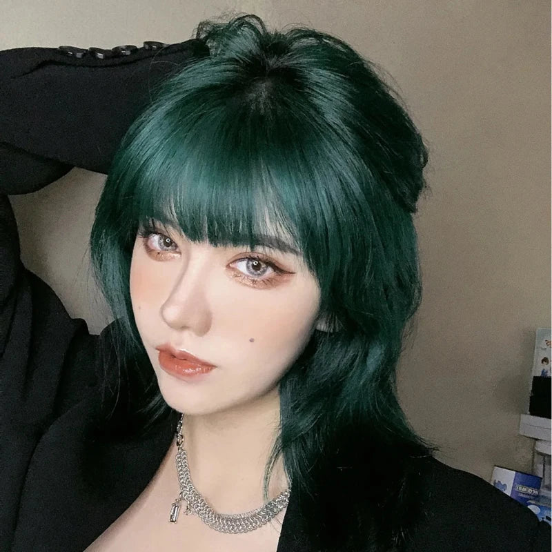 MSIWIGS Synthetic Celebrity Dark Green Cosplay Wig Short Straight Summer Cool Handsome European and American Women Headgear