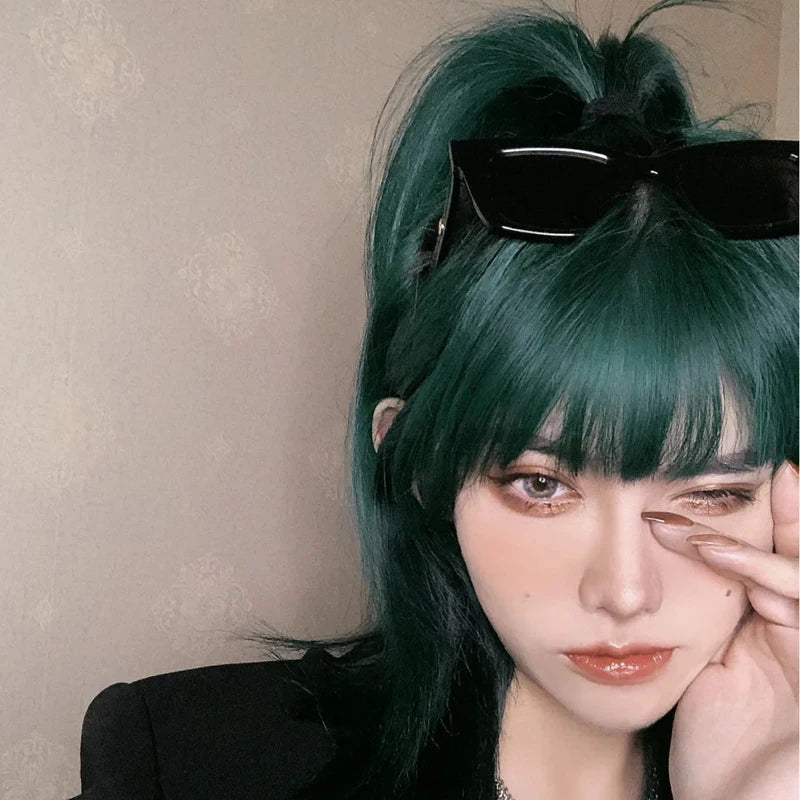 MSIWIGS Synthetic Celebrity Dark Green Cosplay Wig Short Straight Summer Cool Handsome European and American Women Headgear