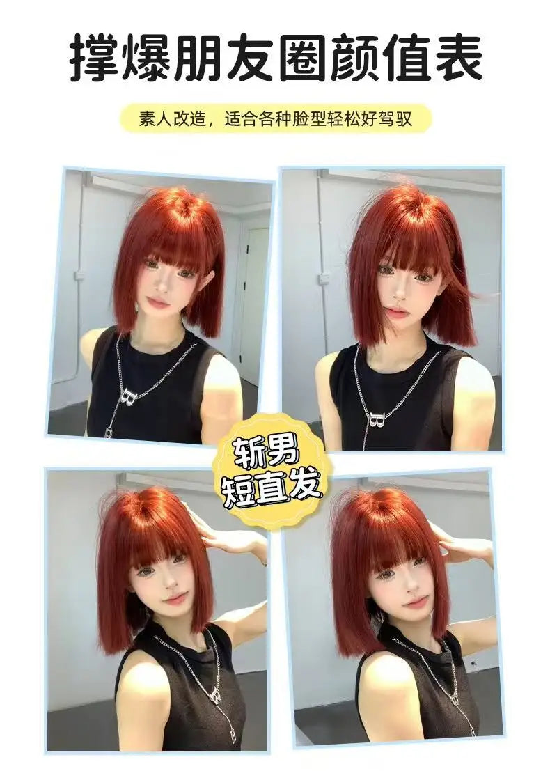 Wig Short Hair Female Internet Celebrity Short Hair Daily Lolita Natural Bangs Full Head Cover Black Red Supernatural Synthetic