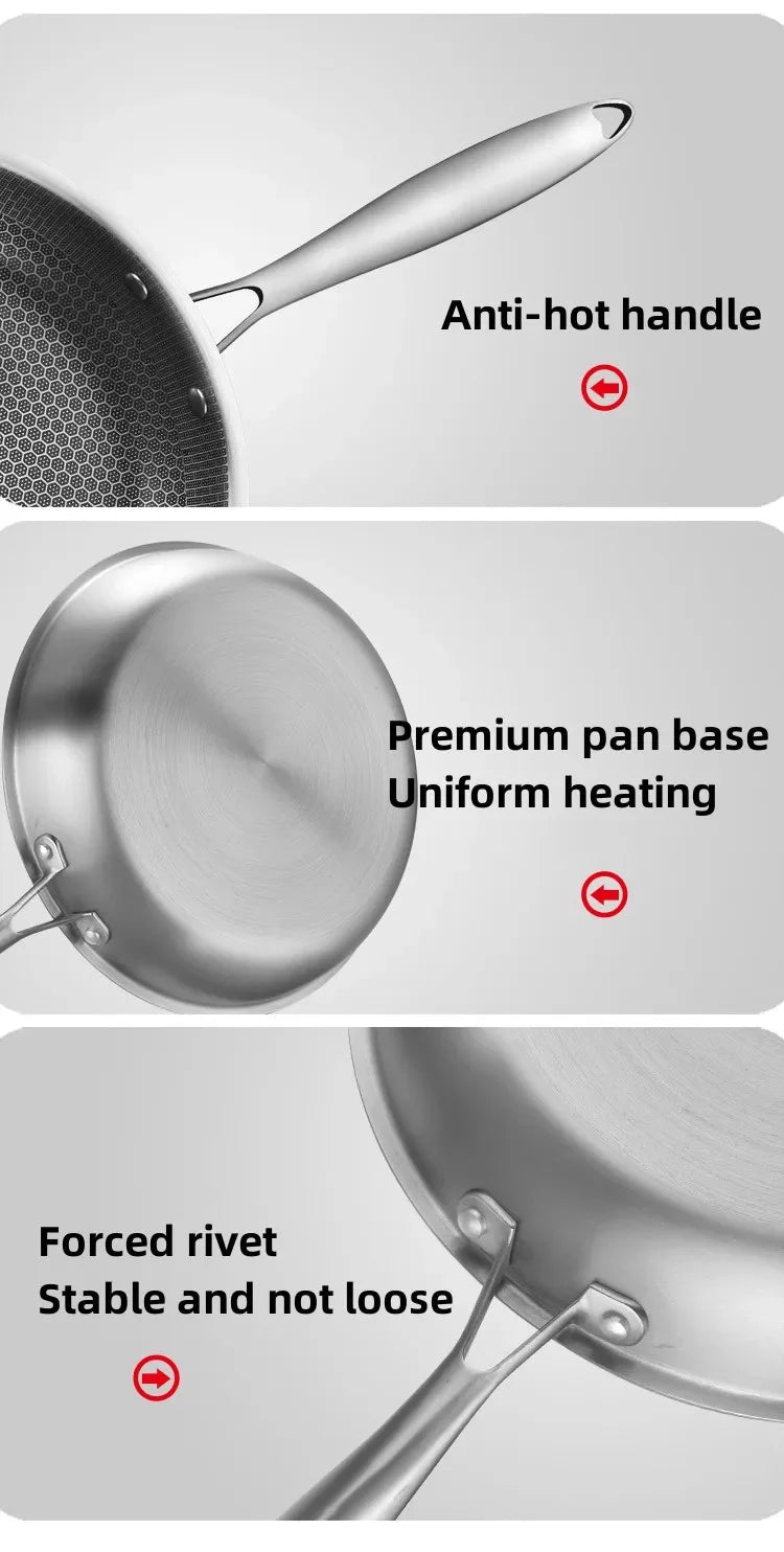 Stainless Steel Frying Pan Honeycomb Non Stick Wok Steak Skillet Cookware Kitchen Supplies Induction Cooker Gas Stove Universal