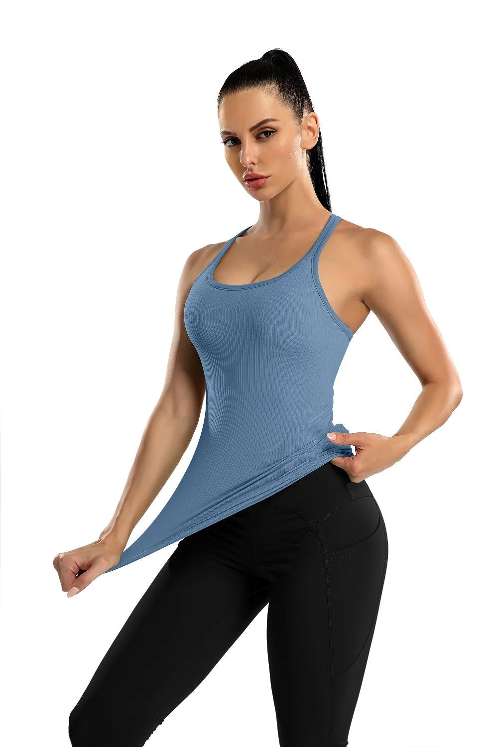 Attraco Women Camisole Racerback Design U-Neck Basic Breathable Sportswear Solid Soft Build-in Shelf Bra Running Tank Tops