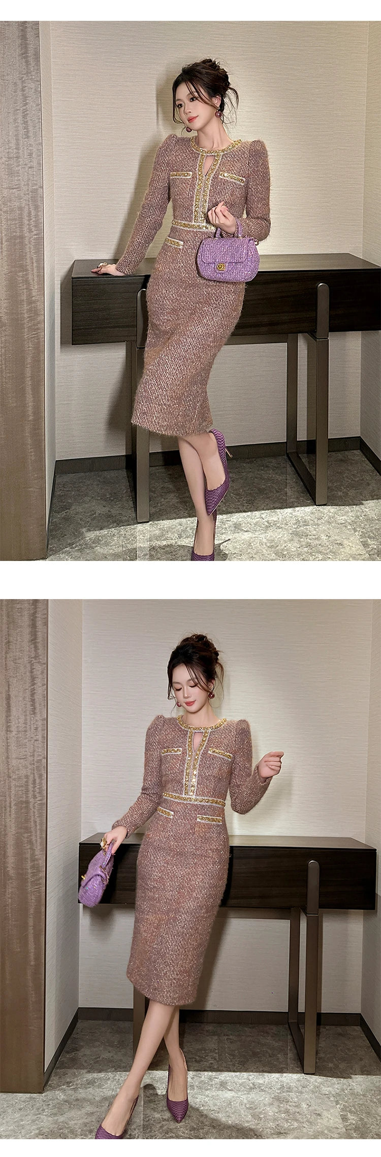 Women Clothes Vintage Luxury Tweed  Formal Dress Female Elegant Fashion Business Party Vestidos Hollow Diamond Professional Robe