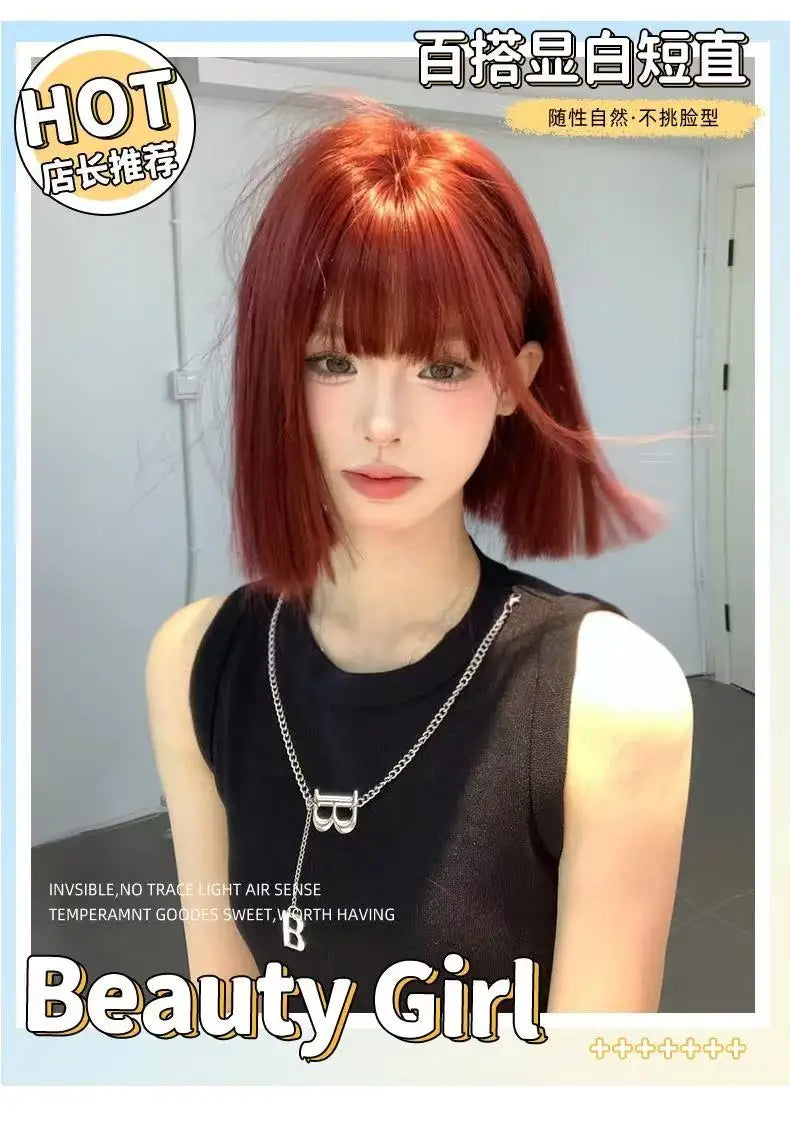 Wig Short Hair Female Internet Celebrity Short Hair Daily Lolita Natural Bangs Full Head Cover Black Red Supernatural Synthetic