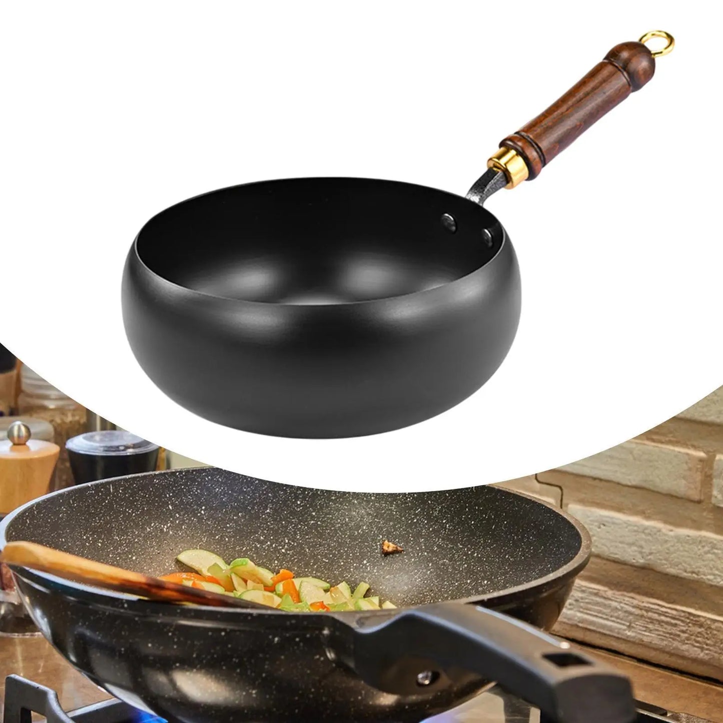 Nonstick Wok Frying Pan Wooden Handle Induction Cooker Boiling No Coating Gas Chinese Wok Flat Bottom for Kitchen Camping