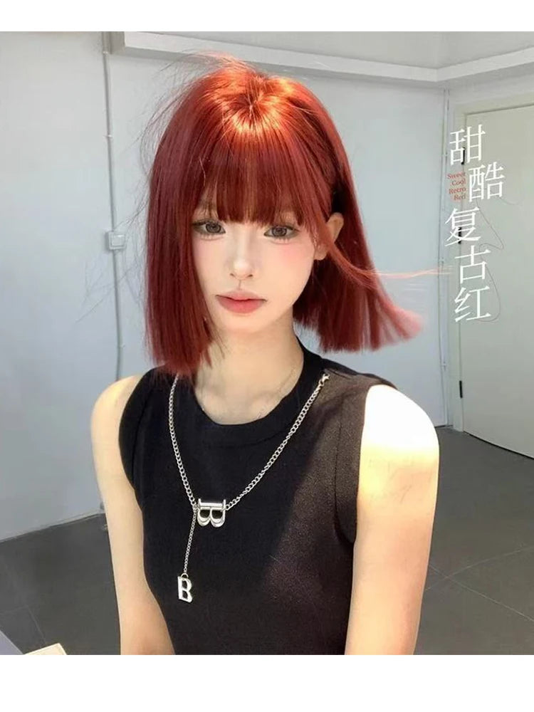 Wig Short Hair Female Internet Celebrity Short Hair Daily Lolita Natural Bangs Full Head Cover Black Red Supernatural Synthetic