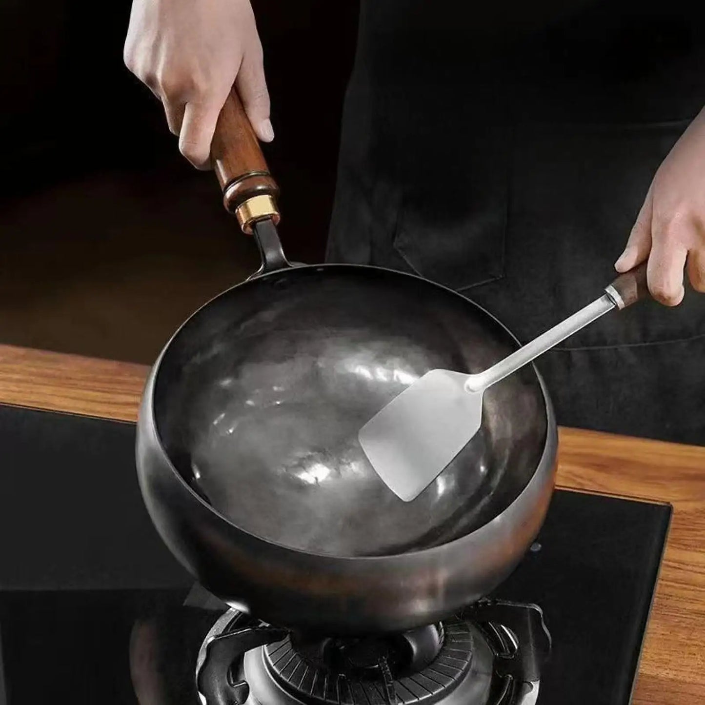 Nonstick Wok Frying Pan Wooden Handle Induction Cooker Boiling No Coating Gas Chinese Wok Flat Bottom for Kitchen Camping