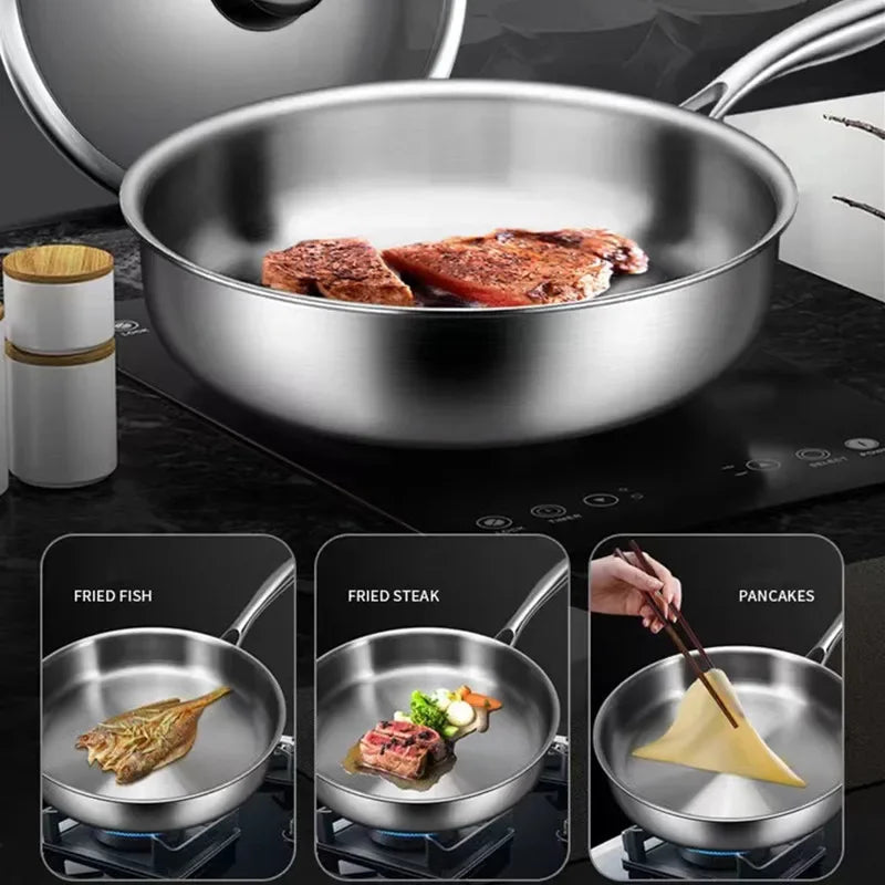 Stainless Steel Frying Pan 304 NonStick Pan Fried Steak Pot Uncoated Cookware For Gas Stove and Induction KitchenCooker