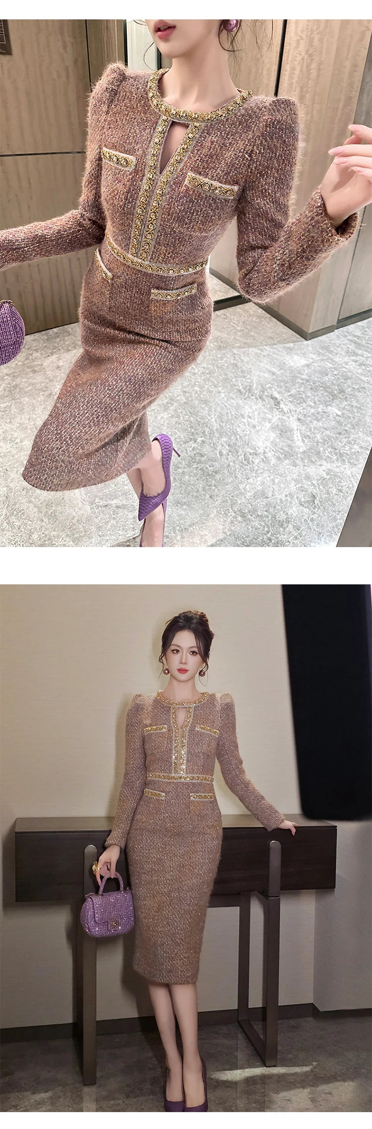 Women Clothes Vintage Luxury Tweed  Formal Dress Female Elegant Fashion Business Party Vestidos Hollow Diamond Professional Robe