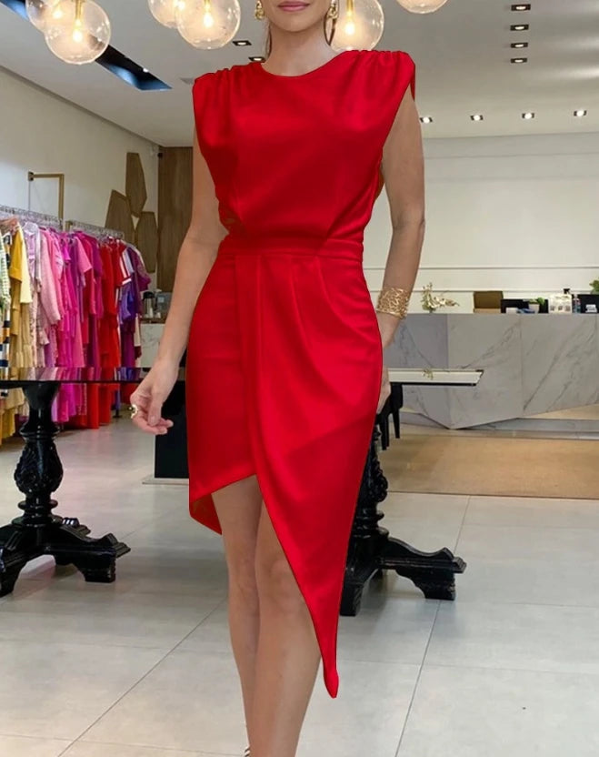 Women's Clothes New Cap Sleeve Ruched Casual Dress Temperament Commuting Female Fashion Wrap Hip Asymmetrical Skinny Dresses
