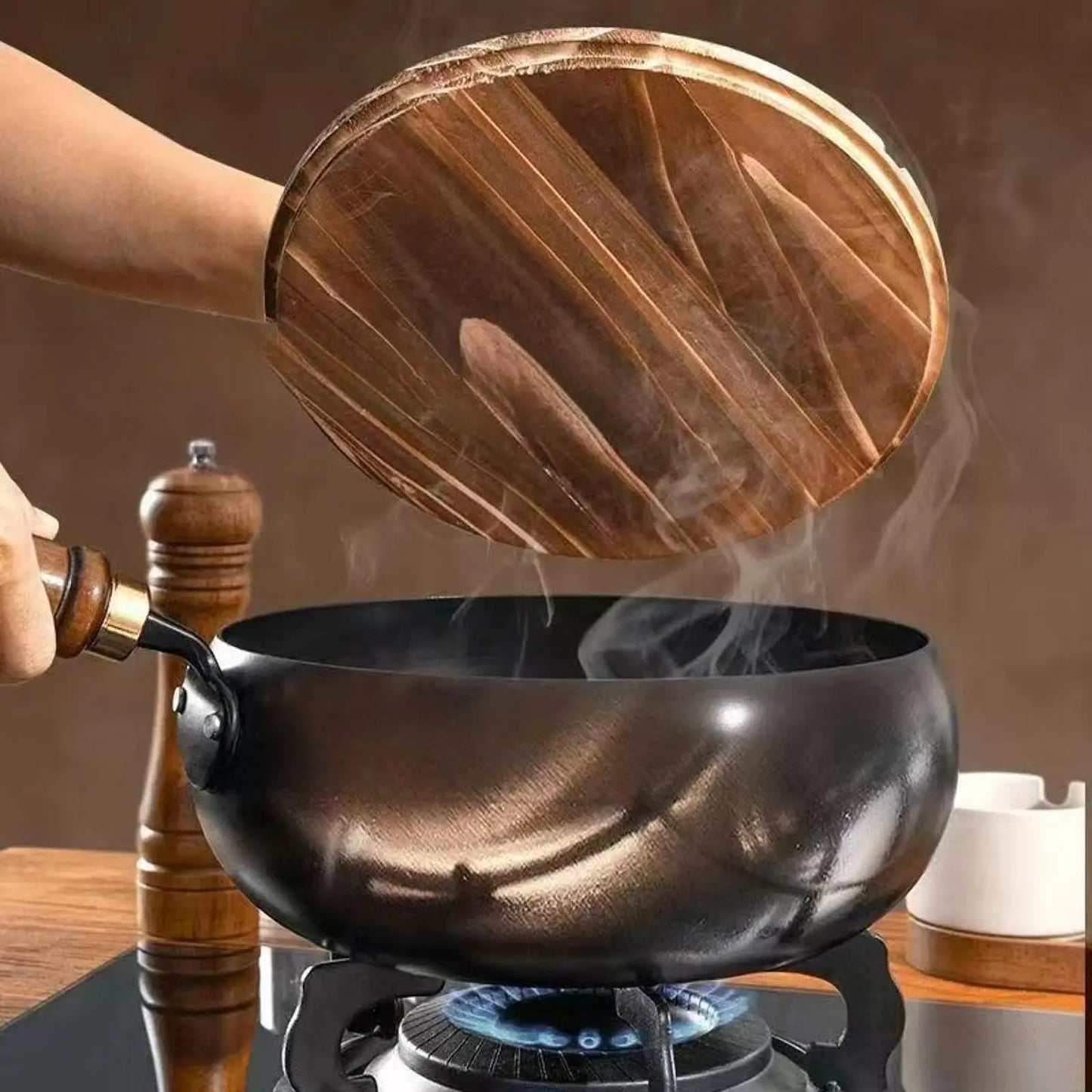 Nonstick Wok Frying Pan Wooden Handle Induction Cooker Boiling No Coating Gas Chinese Wok Flat Bottom for Kitchen Camping
