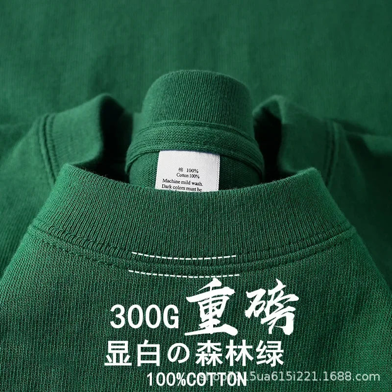 Summer Light Green Heavy Weight 300G Short Sleeved T-shirt Cotton  Men's Loose Casual Base Shirt Korean Tee Women's