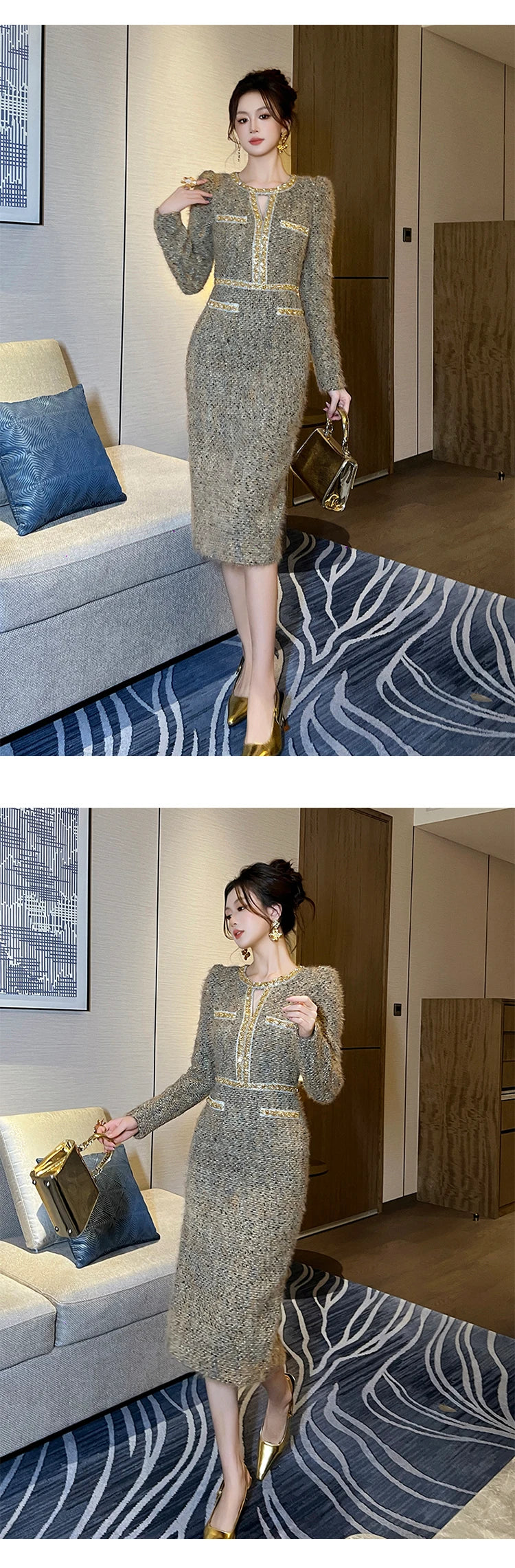 Women Clothes Vintage Luxury Tweed  Formal Dress Female Elegant Fashion Business Party Vestidos Hollow Diamond Professional Robe